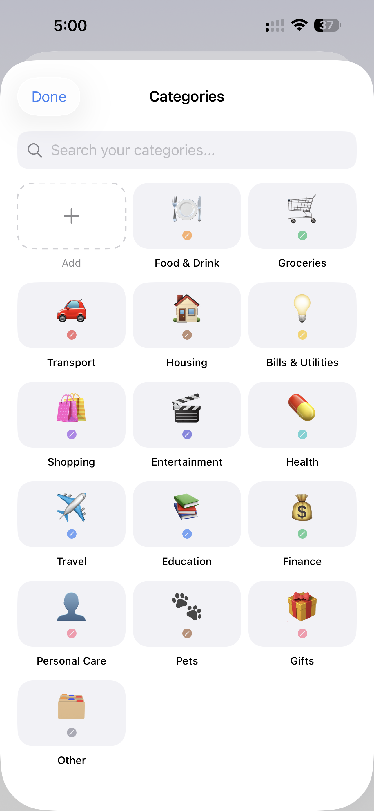 Categories screen