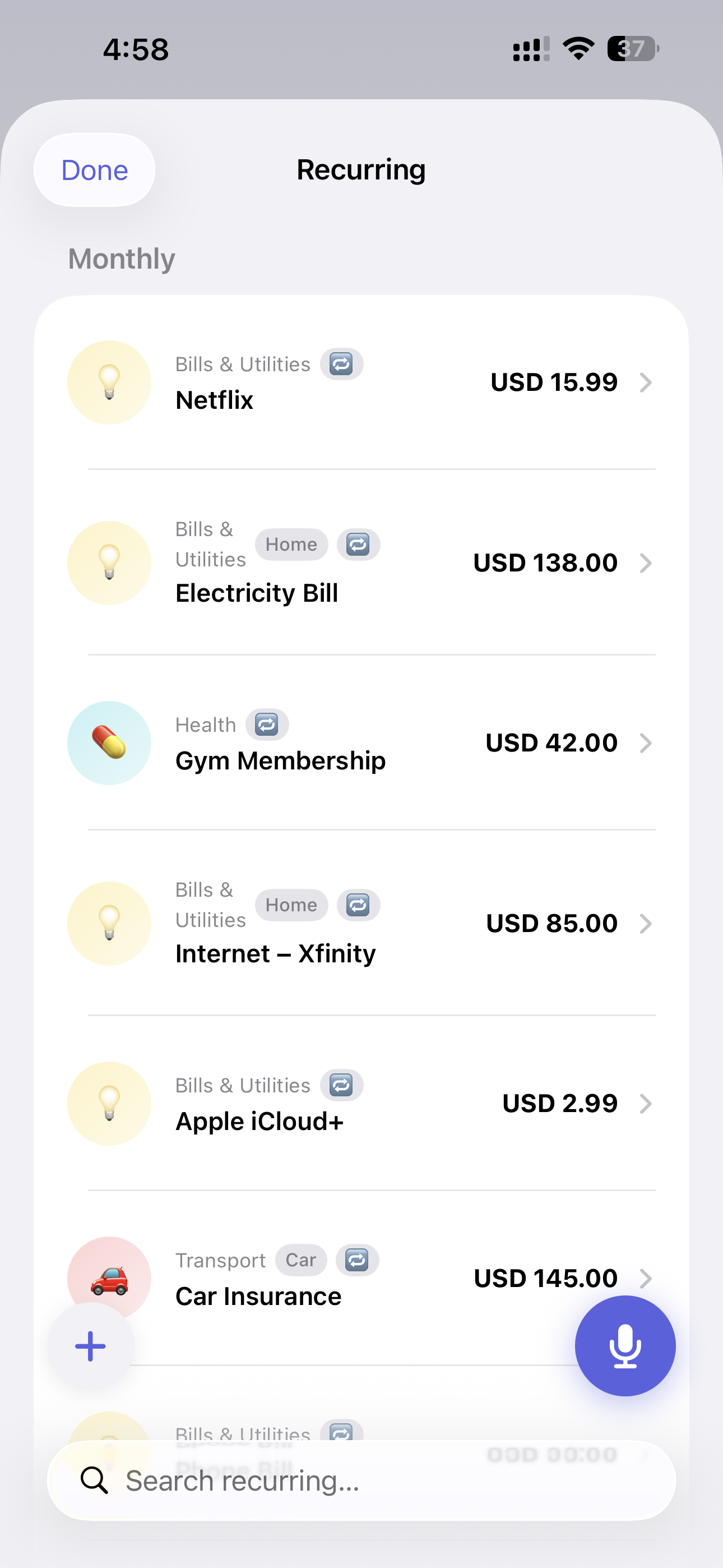 Recurring bills screen